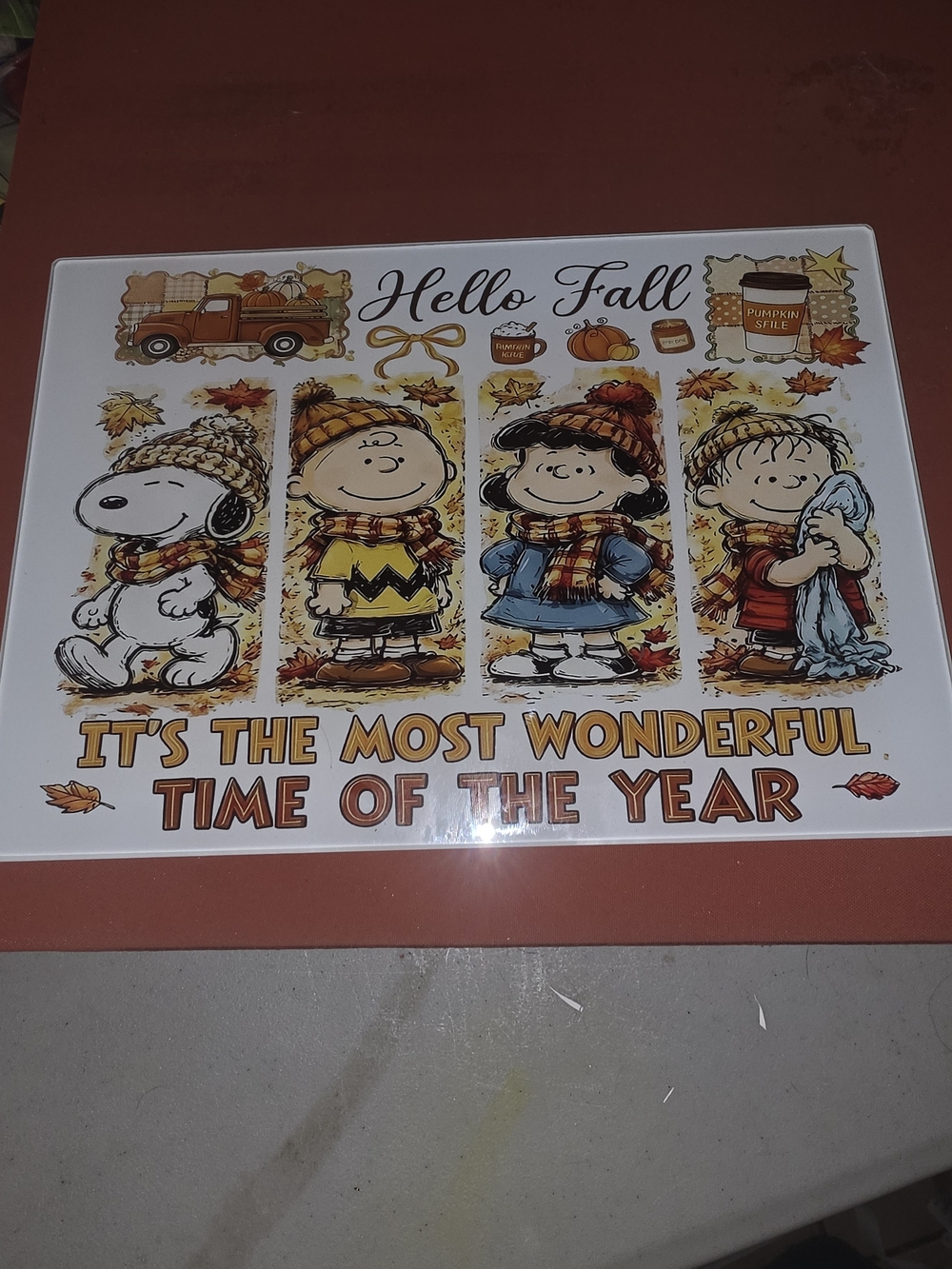 Hello Fall Peanuts Tempered Glass Cutting Board